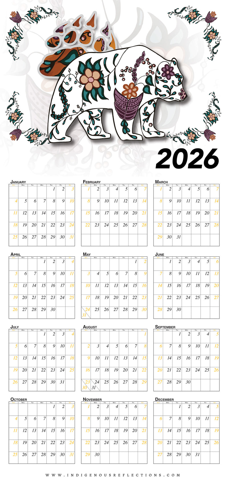 2026 Wipe-clean Calendar (Floral Bear)
